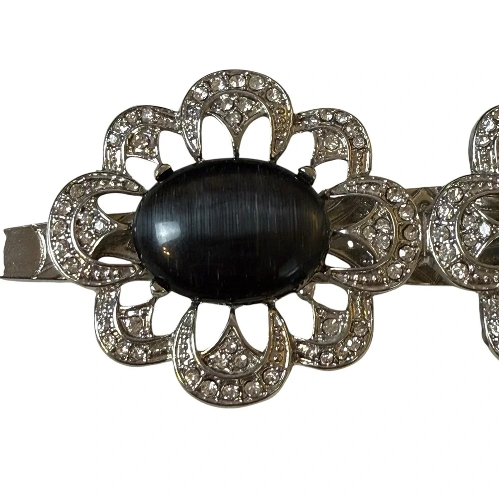 Vtg Art Deco Silver Tone Hair Clip Black Cat Eye Glass Victorian Gothic 4 Inch
